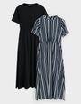 2 Pack Black & Navy Stripe Crew Neck Jersey Midi Dresses with Patch Pockets
