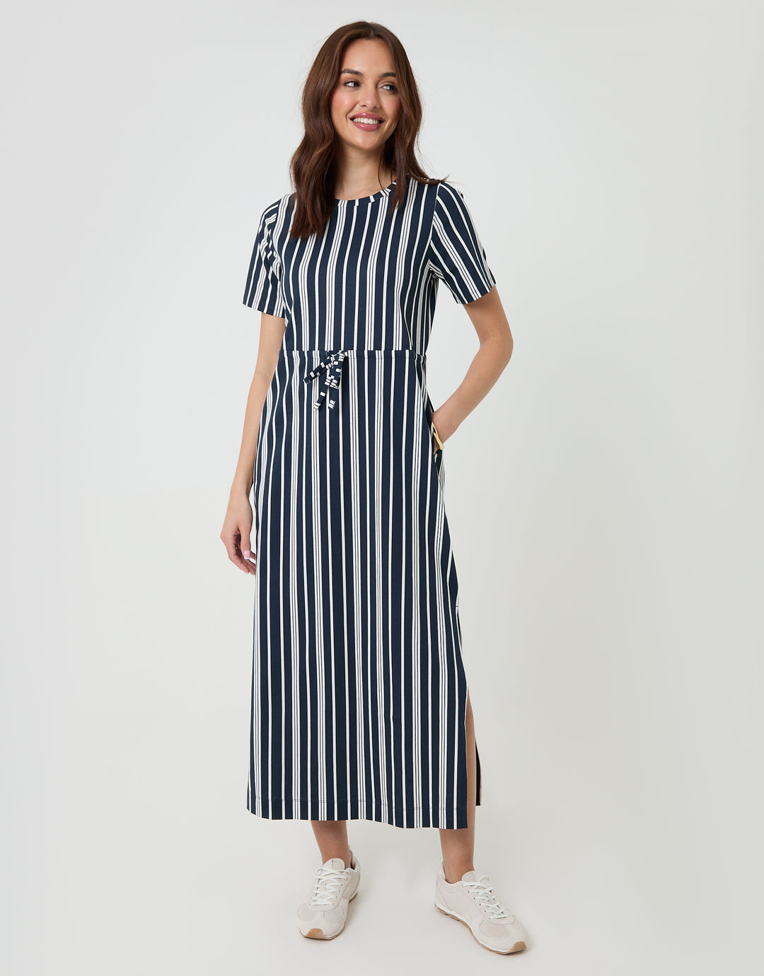 Navy Stripe Drawstring Waist Side Split Cotton Jersey Midi Dress
