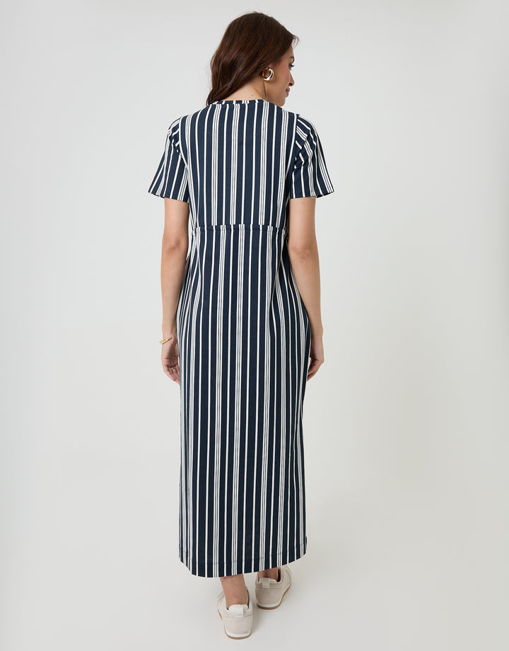 Navy Stripe Drawstring Waist Side Split Cotton Jersey Midi Dress