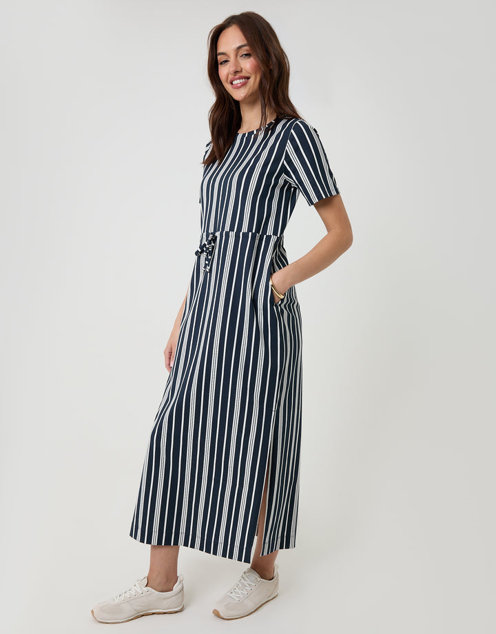 Navy Stripe Drawstring Waist Side Split Cotton Jersey Midi Dress