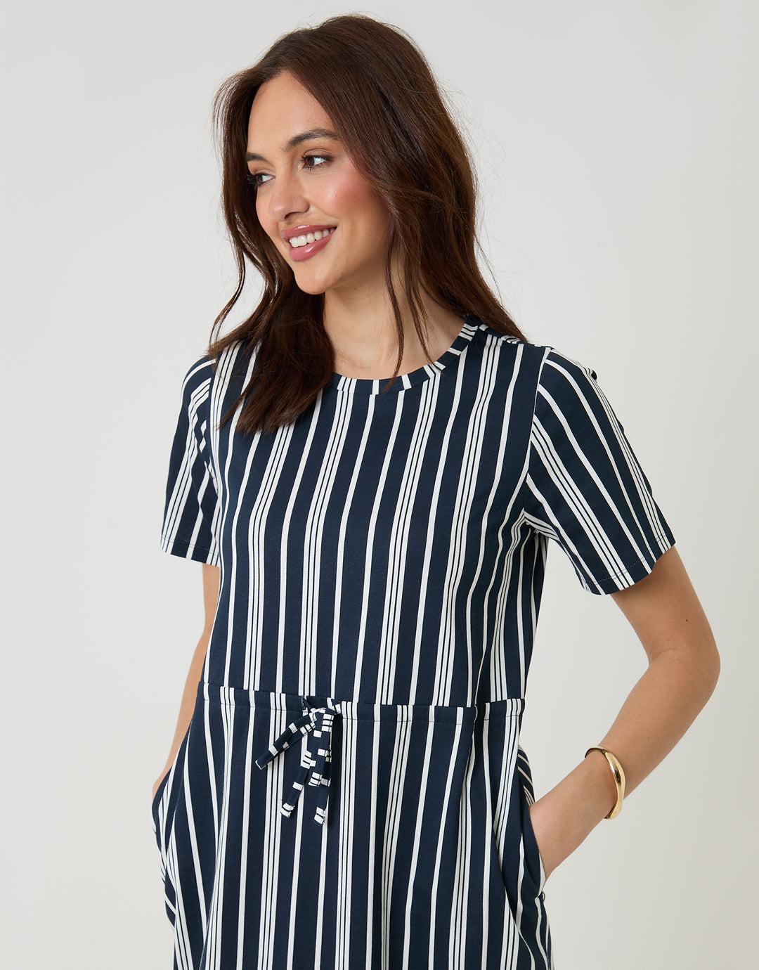 Navy Stripe Drawstring Waist Side Split Cotton Jersey Midi Dress