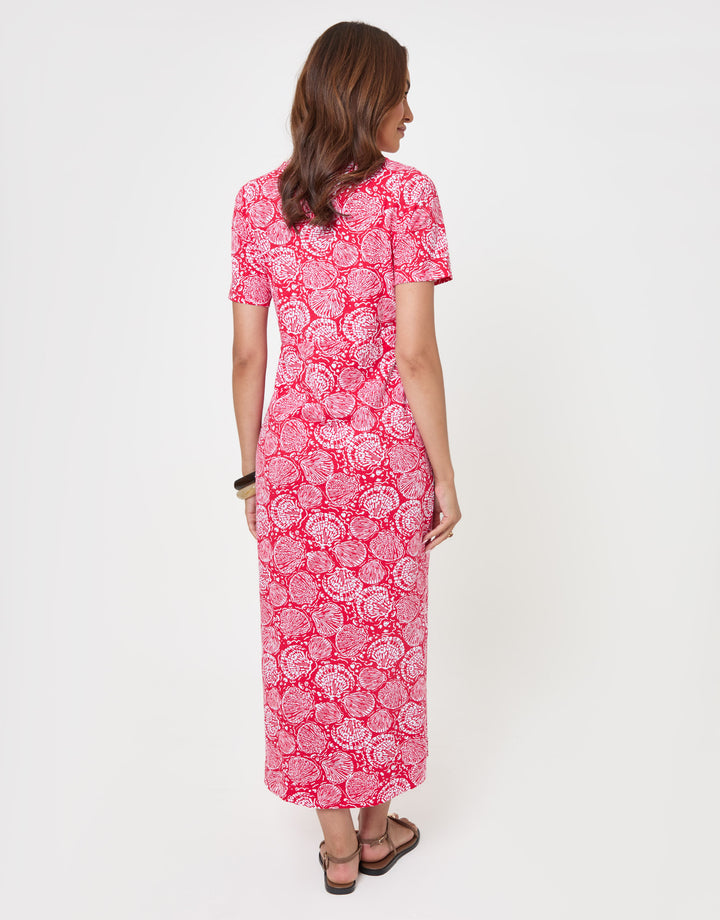 Threadbare Drawstring Waist Side Split Cotton Jersey Midi Dress in Red Shell - back view