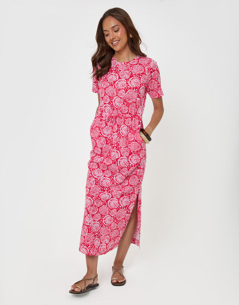 Threadbare Drawstring Waist Side Split Cotton Jersey Midi Dress in Red Shell - full body