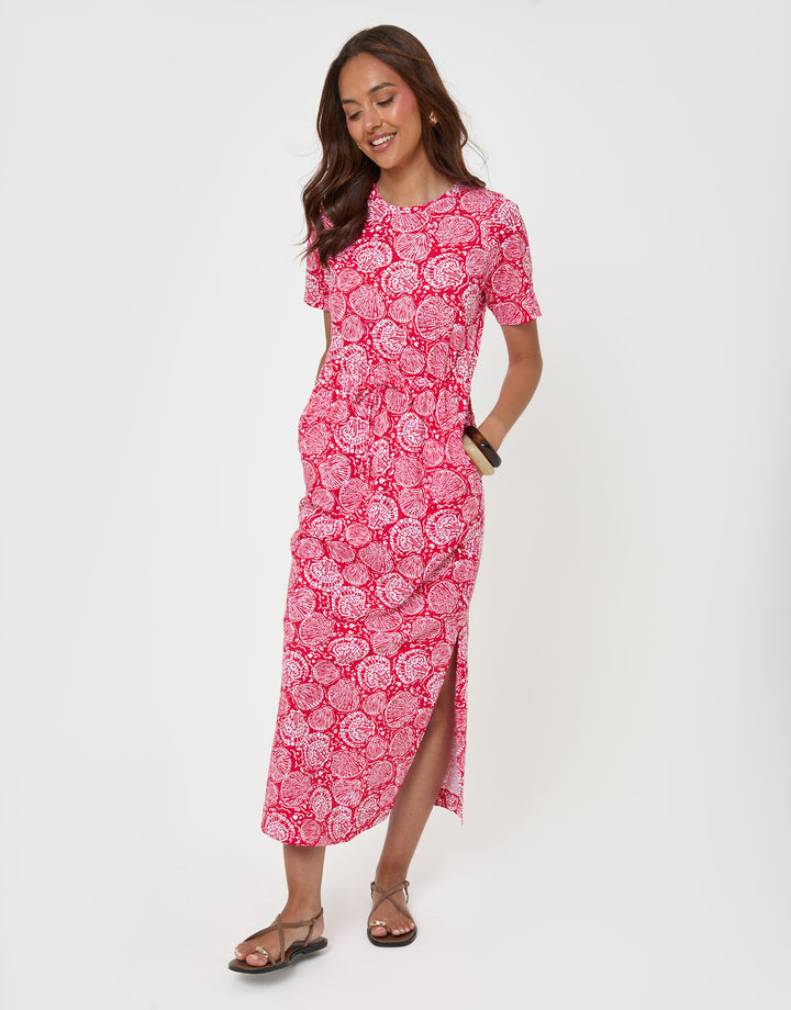 Threadbare Drawstring Waist Side Split Cotton Jersey Midi Dress in Red Shell - full body