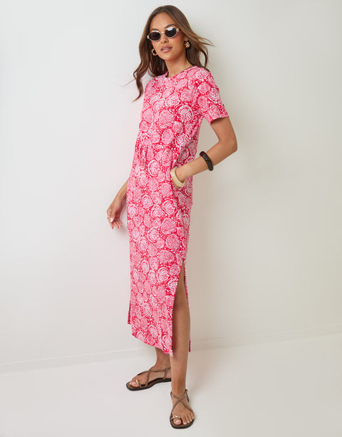 Threadbare Drawstring Waist Side Split Cotton Jersey Midi Dress in Red Shell - front view