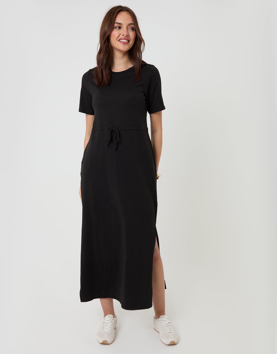 Black Drawstring Waist Side Split Cotton Jersey Midi Dress