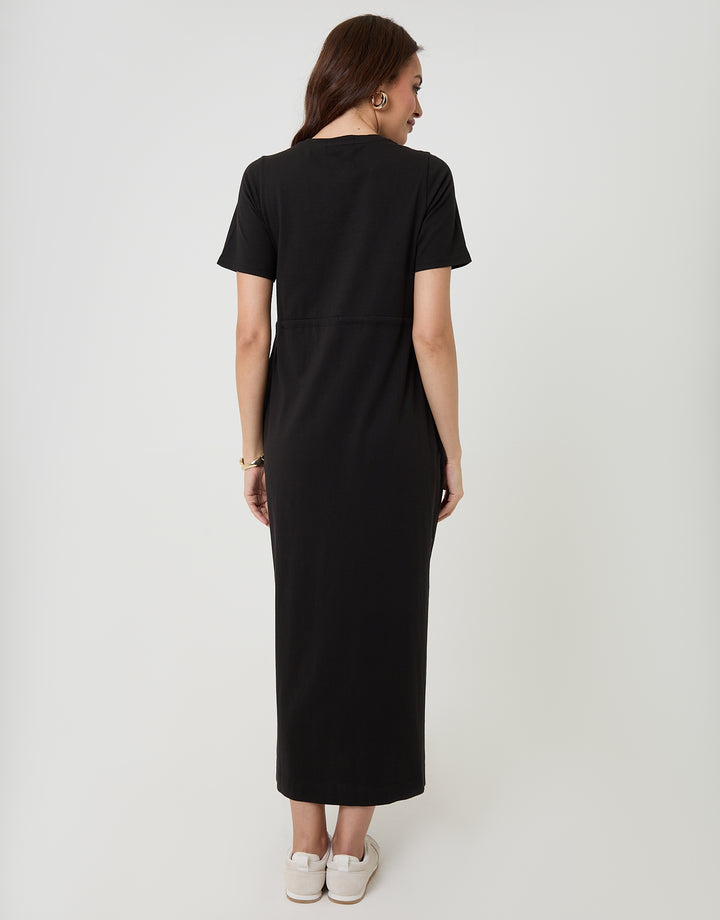 Black Drawstring Waist Side Split Cotton Jersey Midi Dress