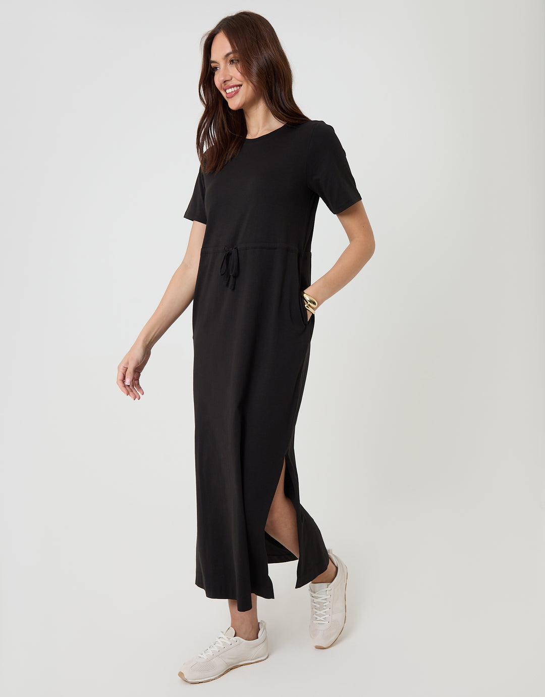 Black Drawstring Waist Side Split Cotton Jersey Midi Dress