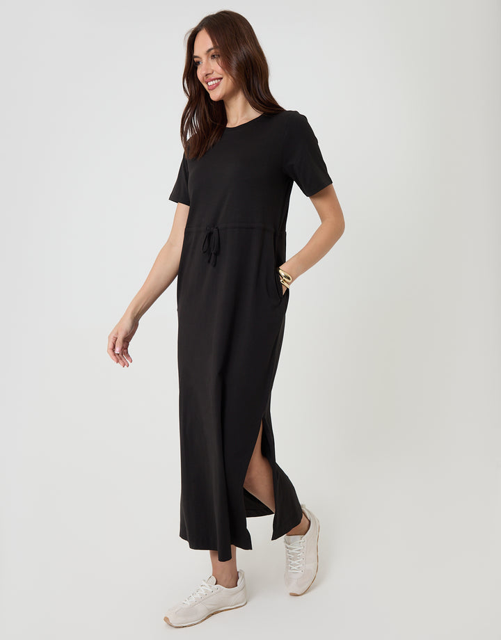Black Drawstring Waist Side Split Cotton Jersey Midi Dress