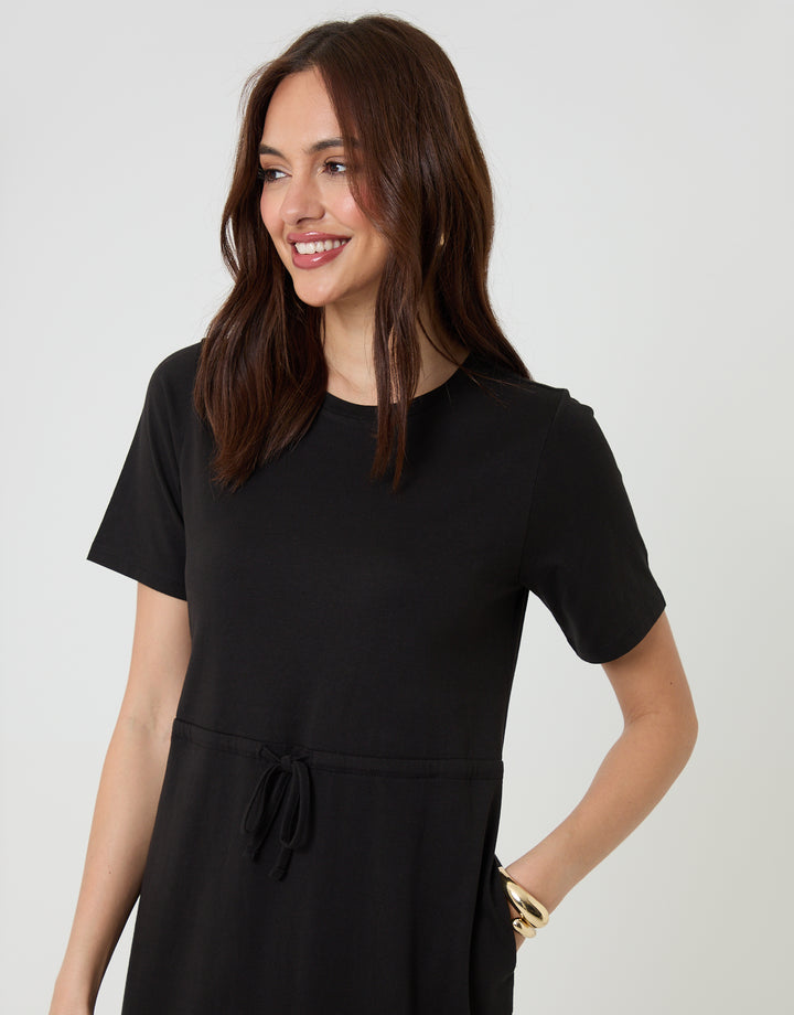 Black Drawstring Waist Side Split Cotton Jersey Midi Dress