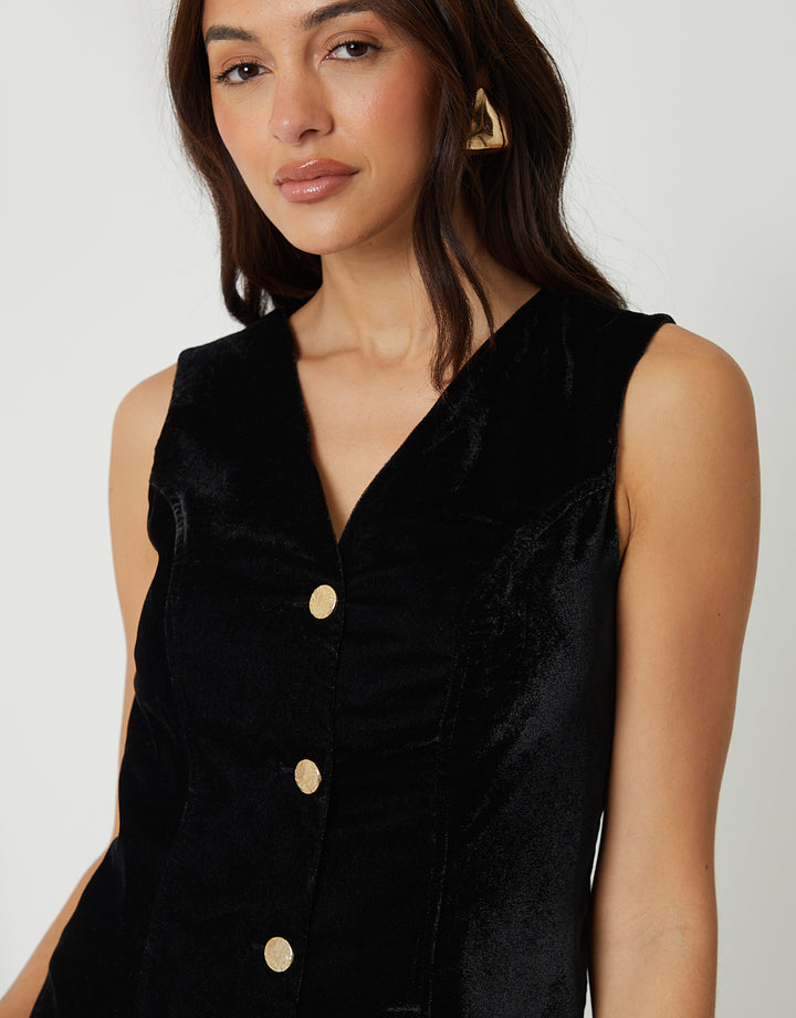 Threadbare Velvet Waistcoat Mini Dress in Black - neckline close up