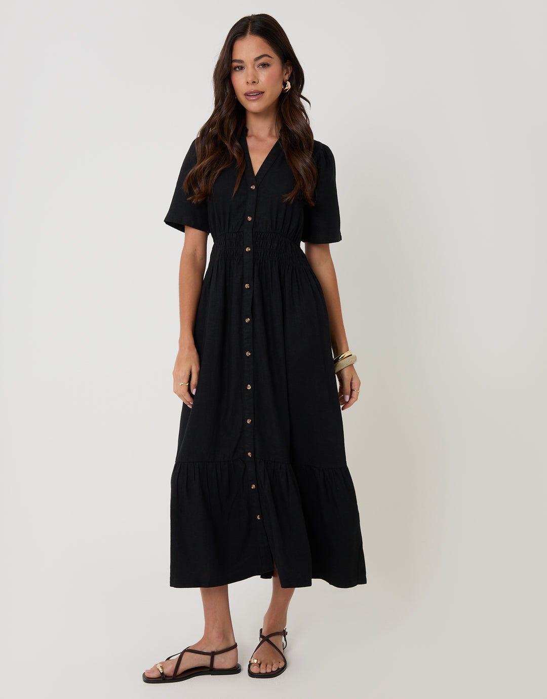 Threadbare Tiered Linen Blend V Neck Maxi Dress in Black - front view