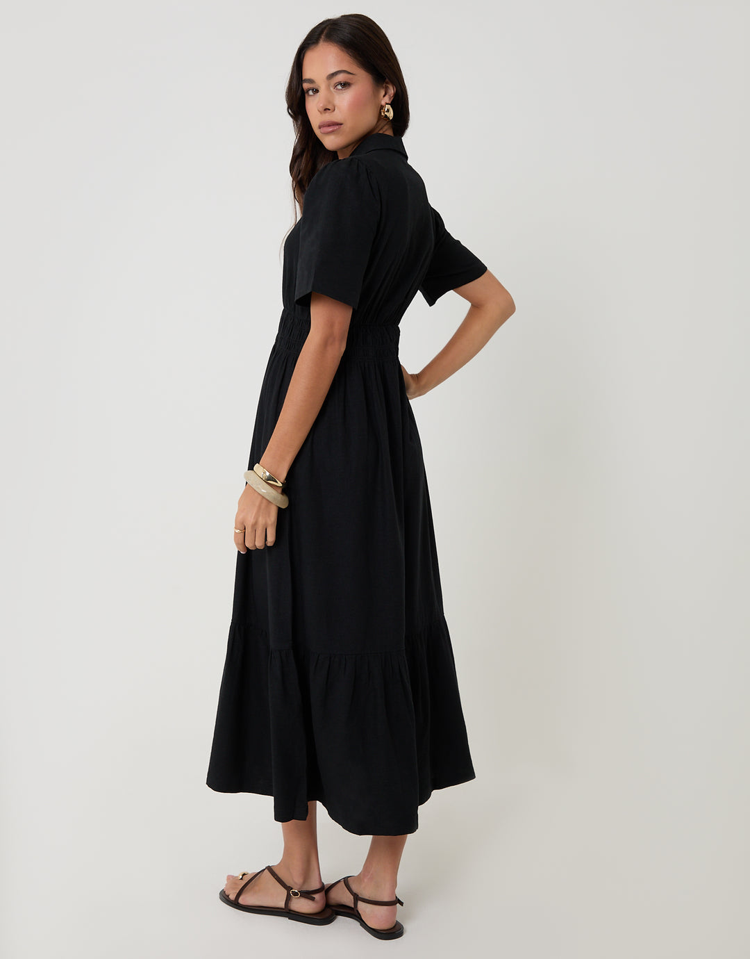 Threadbare Tiered Linen Blend V Neck Maxi Dress in Black - side view