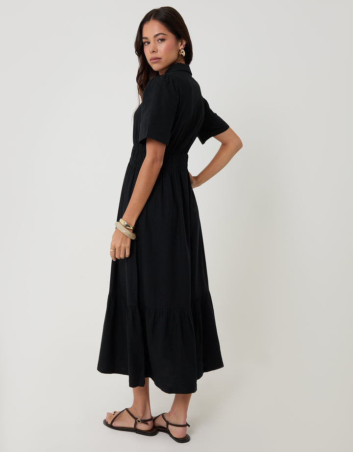 Threadbare Tiered Linen Blend V Neck Maxi Dress in Black - side view