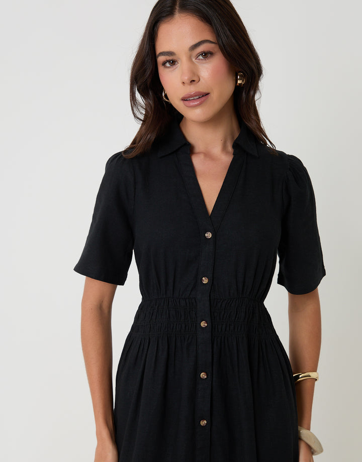 Threadbare Tiered Linen Blend V Neck Maxi Dress in Black - neckline close up