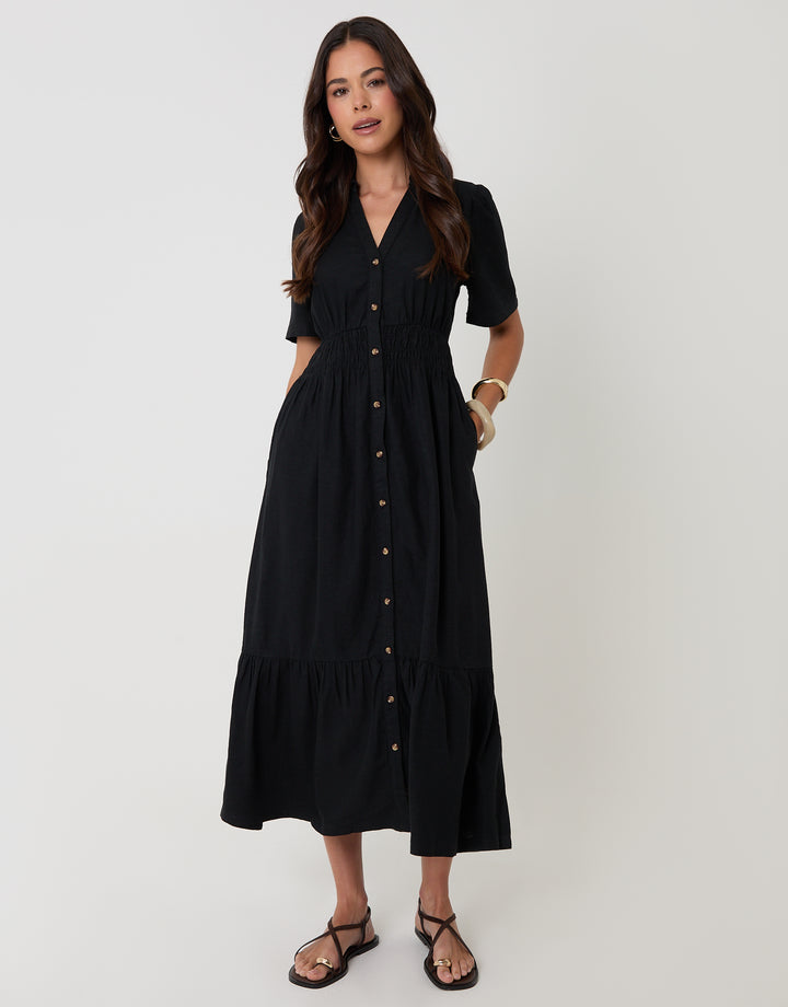 Threadbare Tiered Linen Blend V Neck Maxi Dress in Black - full body