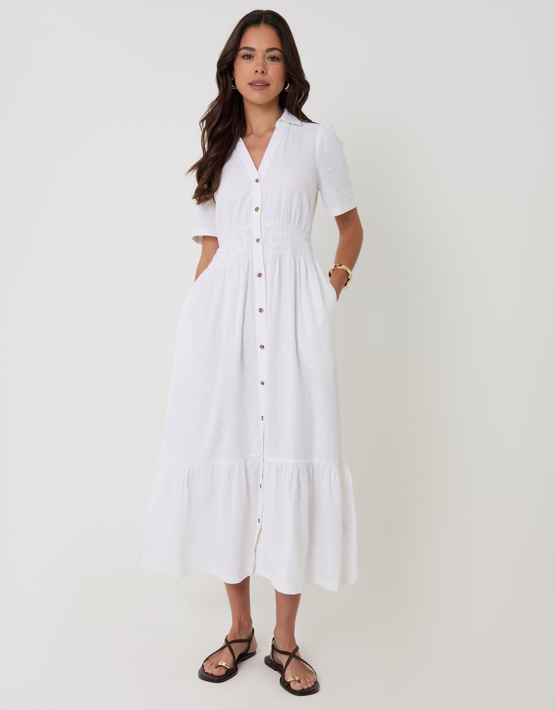 Tiered Linen Blend V Neck Maxi Dress in White Tiered Linen Blend V Neck Maxi Dress in White