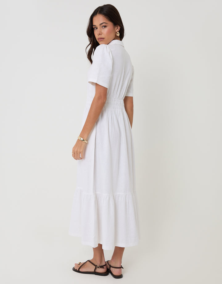 Threadbare Tiered Linen Blend V Neck Maxi Dress in White - back view