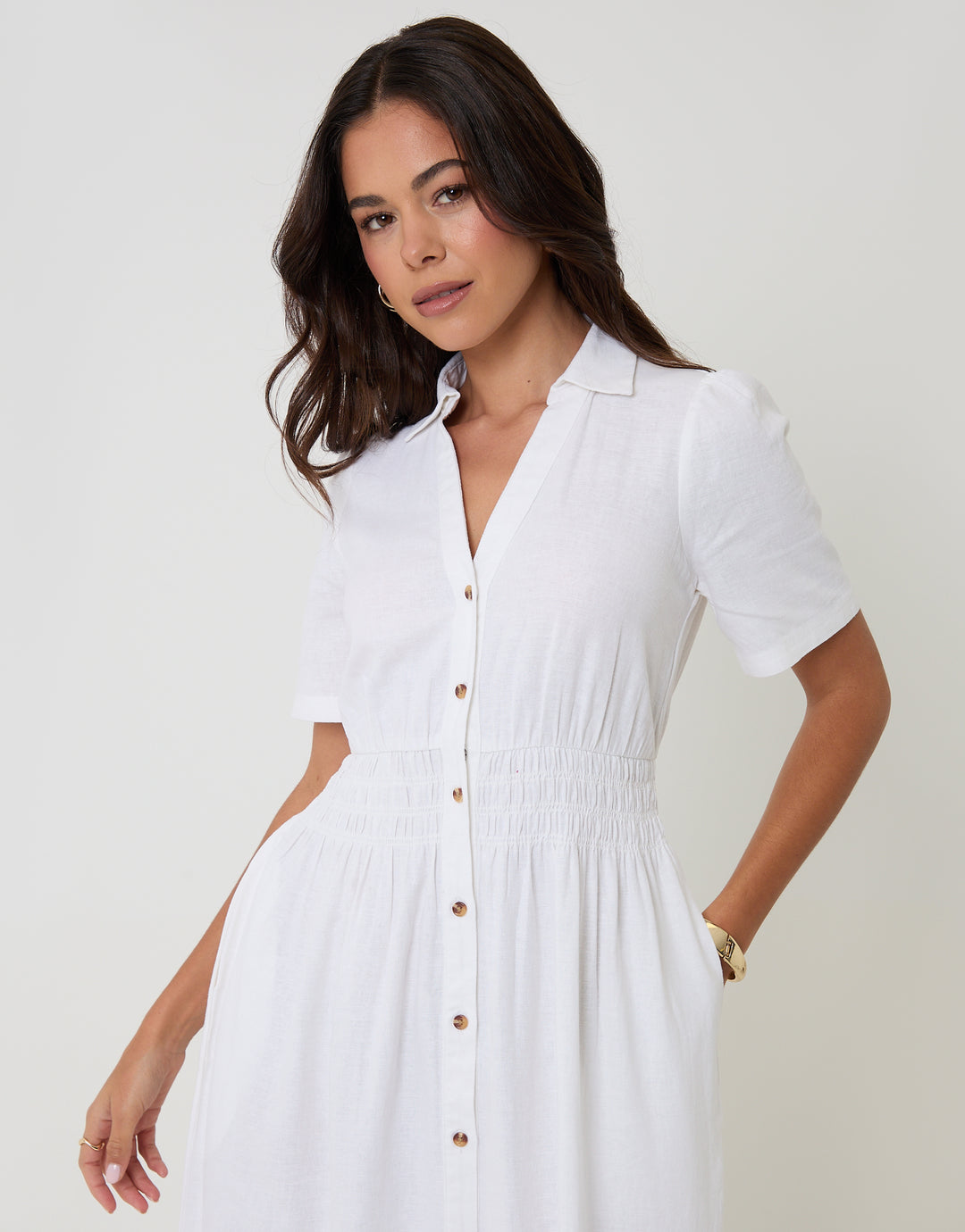 Threadbare Women's White Tiered Linen Blend V Neck Maxi Dress