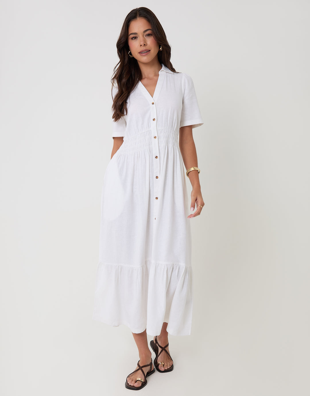 Threadbare Tiered Linen Blend V Neck Maxi Dress in White - full body