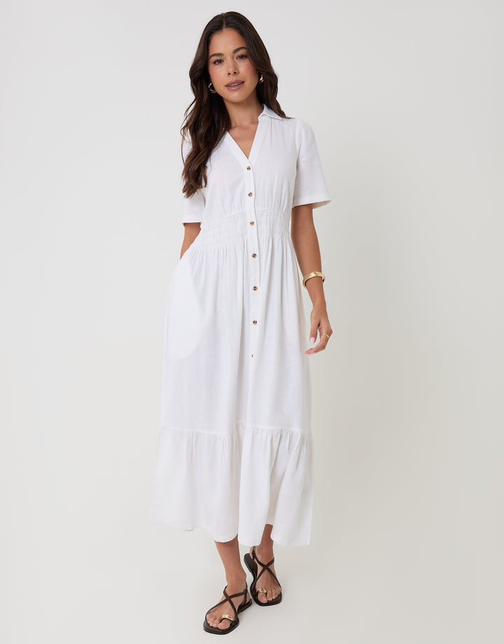 Threadbare Tiered Linen Blend V Neck Maxi Dress in White - full body