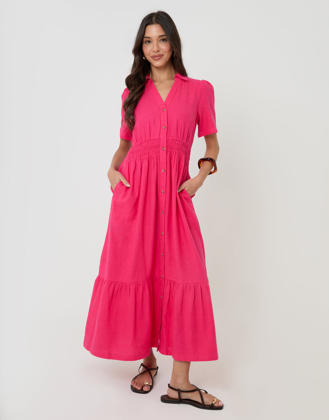 Threadbare Tiered Linen Blend V Neck Maxi Dress in Pink - front view