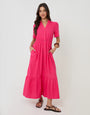 Threadbare Tiered Linen Blend V Neck Maxi Dress in Pink - front view