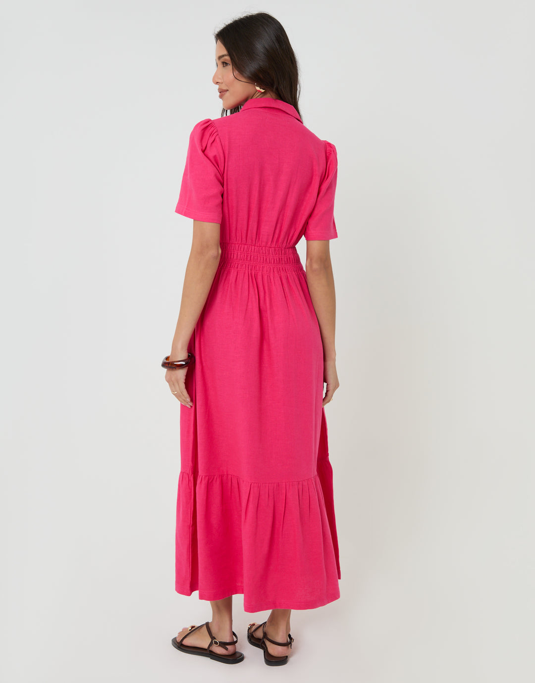 Threadbare Tiered Linen Blend V Neck Maxi Dress in Pink - back view