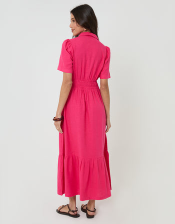 Threadbare Tiered Linen Blend V Neck Maxi Dress in Pink - back view