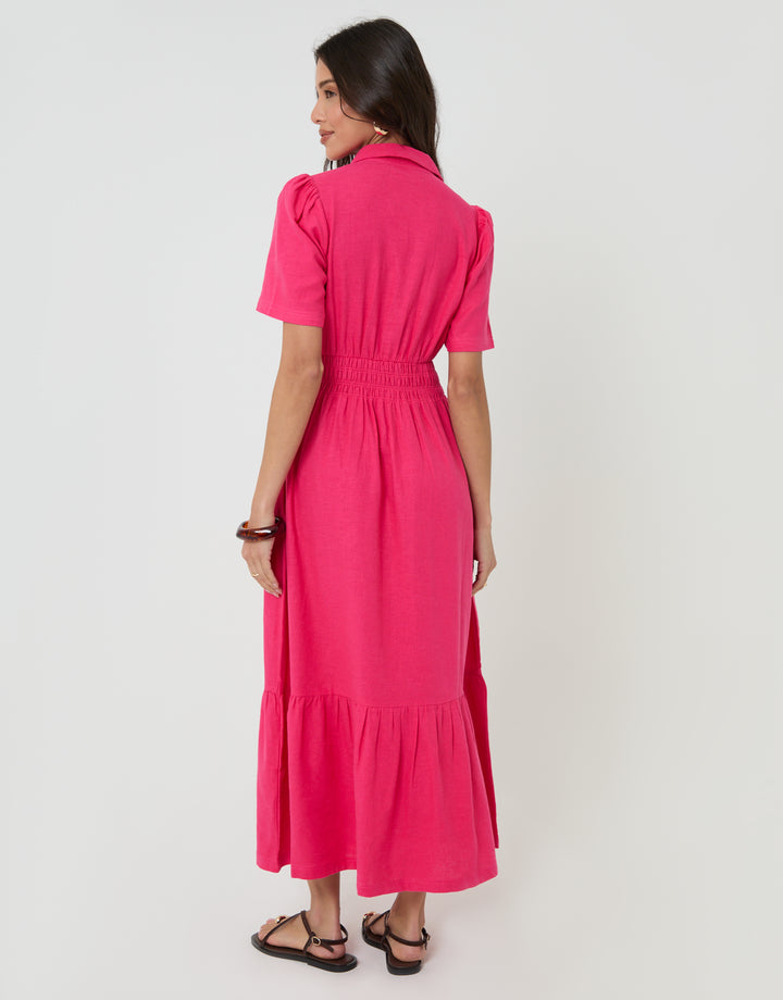 Threadbare Tiered Linen Blend V Neck Maxi Dress in Pink - back view