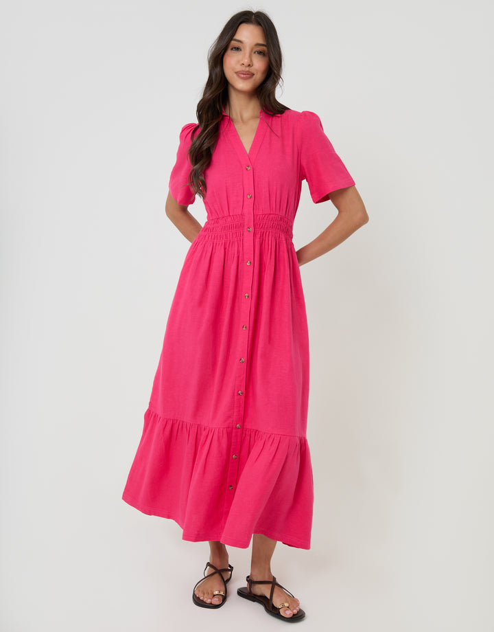 Threadbare Tiered Linen Blend V Neck Maxi Dress in Pink - full body