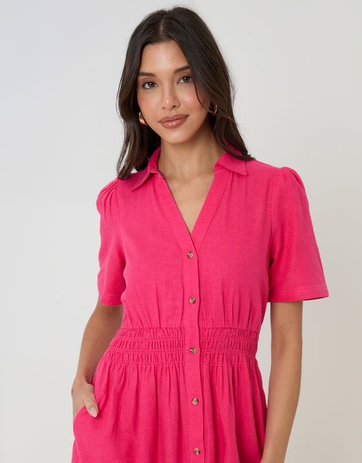 Threadbare Tiered Linen Blend V Neck Maxi Dress in Pink - front view close up