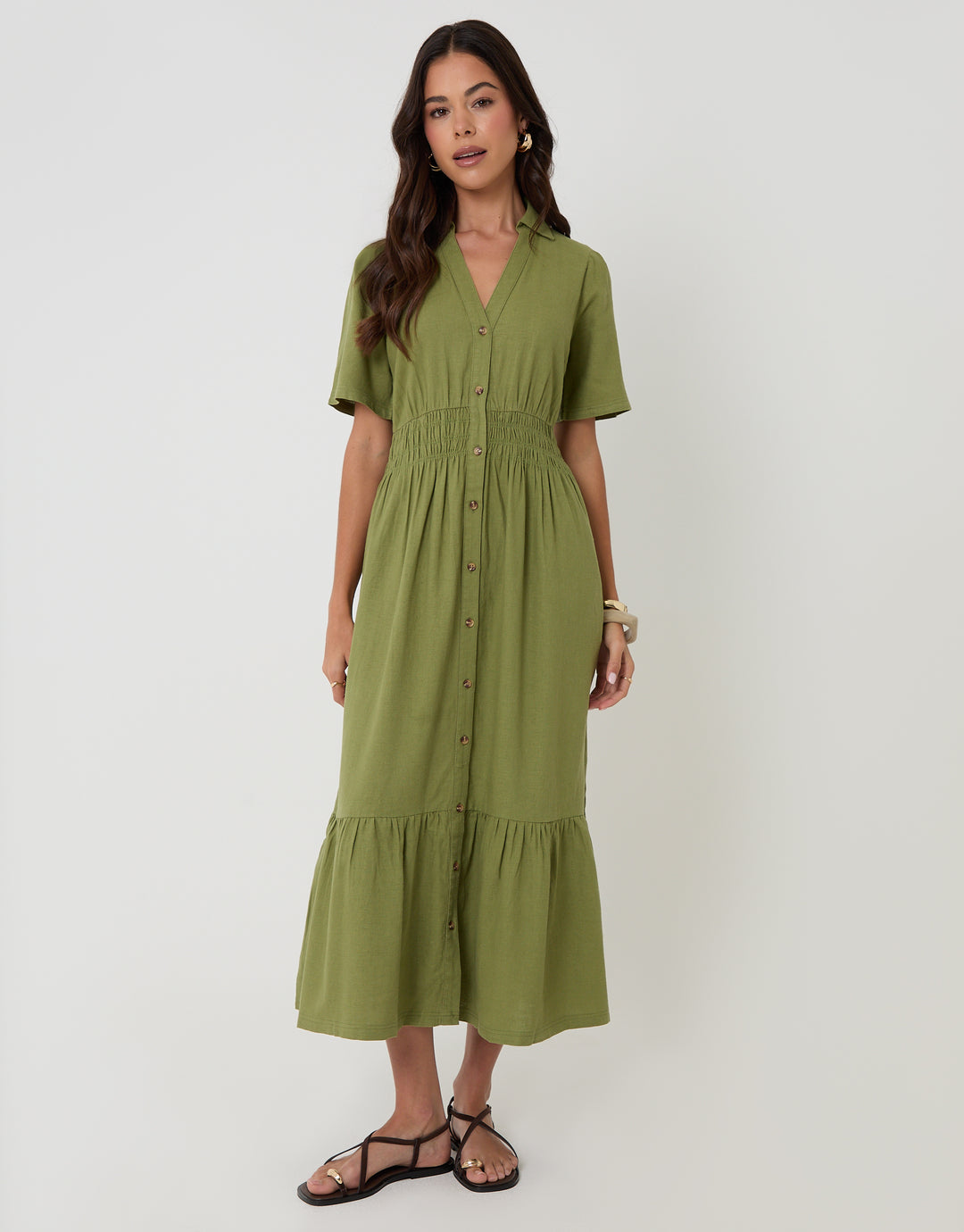Threadbare Tiered Linen Blend V Neck Maxi Dress in Olive Green - front view