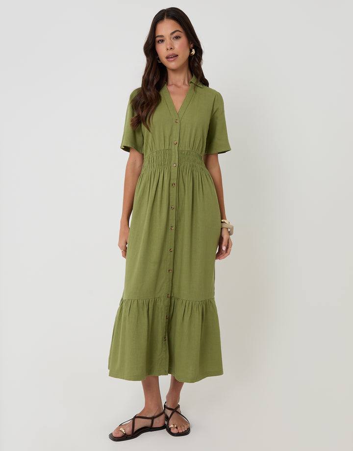 Threadbare Tiered Linen Blend V Neck Maxi Dress in Olive Green - front view