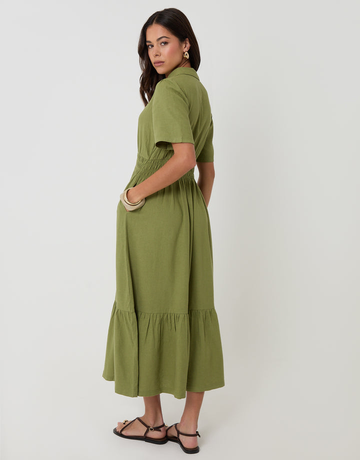 Threadbare Tiered Linen Blend V Neck Maxi Dress in Olive Green - side view