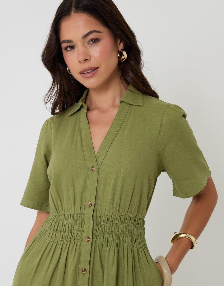 Threadbare Tiered Linen Blend V Neck Maxi Dress in Olive Green - collar close up
