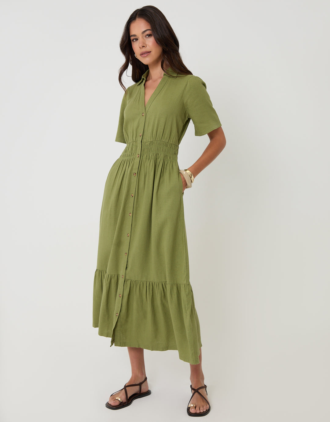 Threadbare Tiered Linen Blend V Neck Maxi Dress in Olive Green - full body