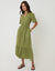 Tiered Linen Blend V Neck Maxi Dress in Olive Green
