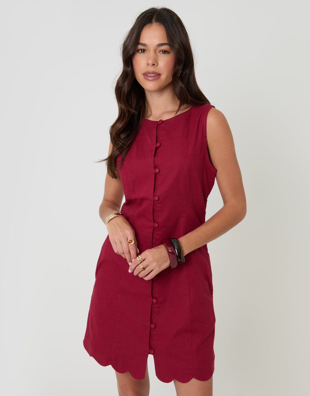 Threadbare Linen Blend Pinafore Dress in Red - front view