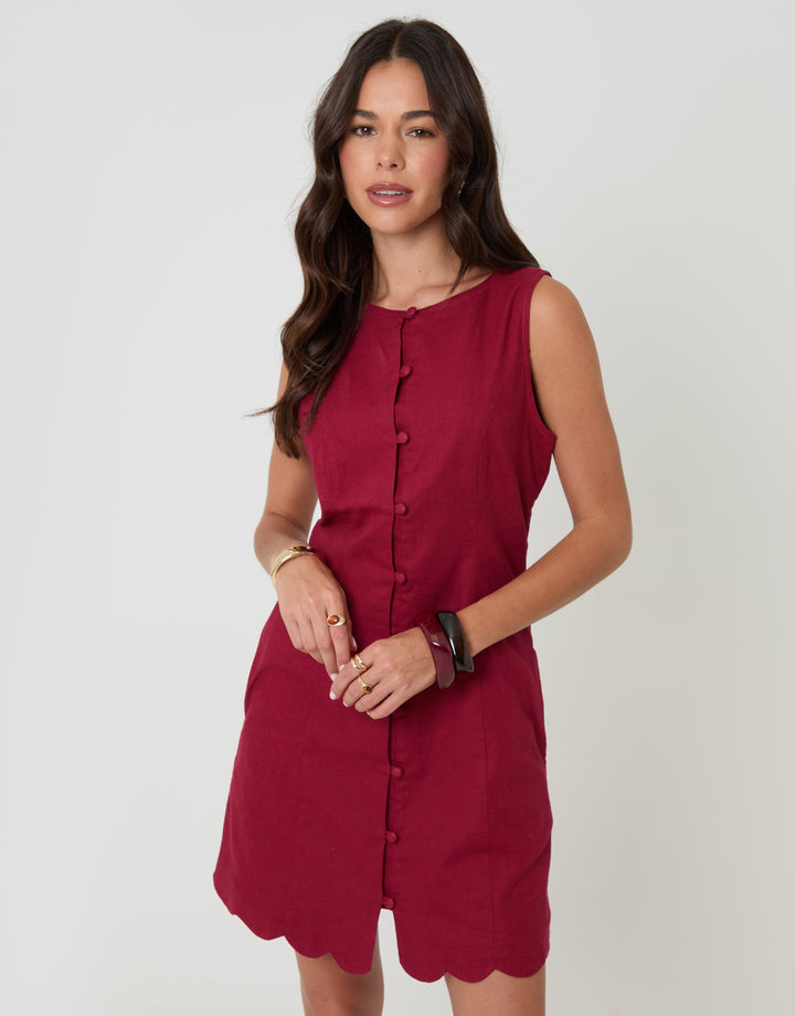 Threadbare Linen Blend Pinafore Dress in Red - front view