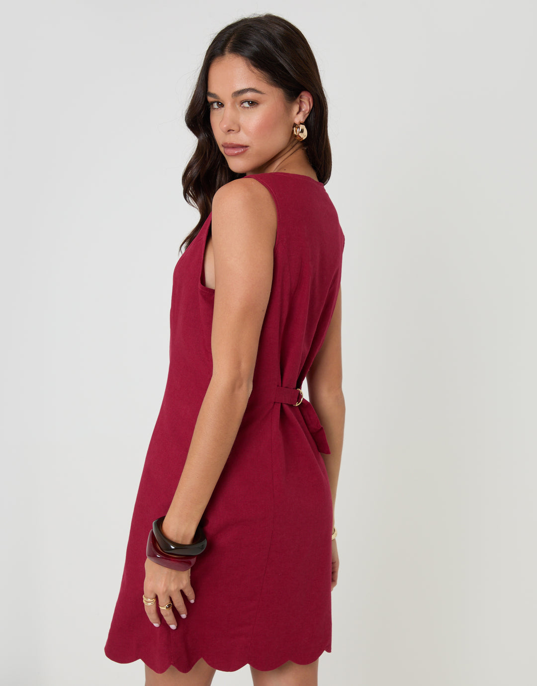 Threadbare Linen Blend Pinafore Dress in Red - side view