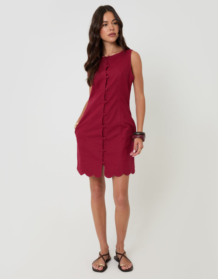 Threadbare Linen Blend Pinafore Dress in Red - full body