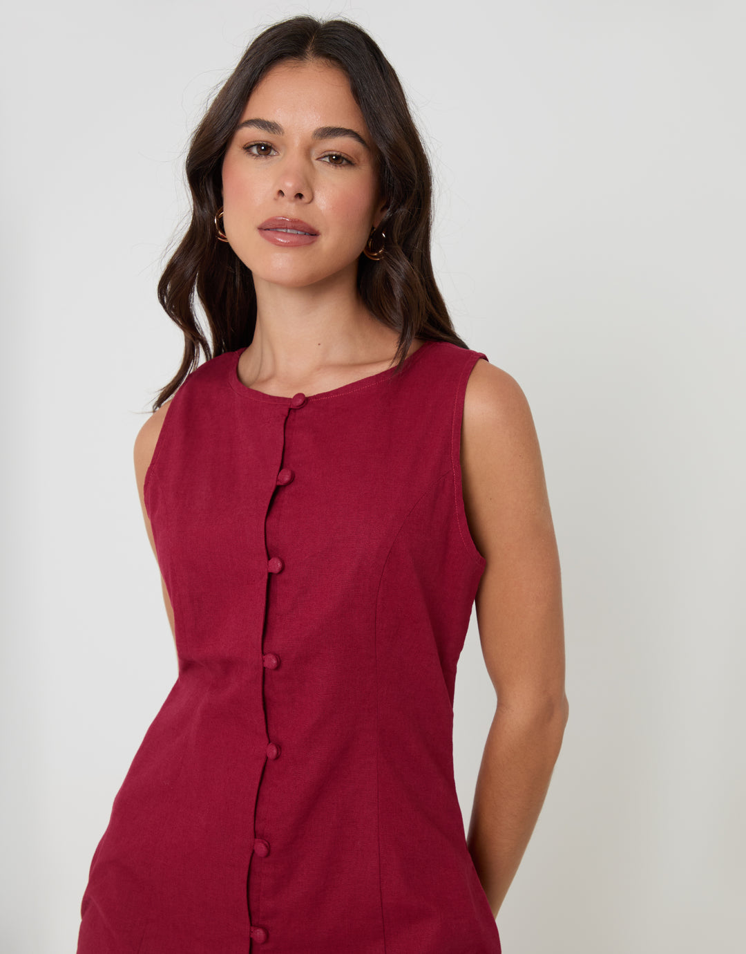 Threadbare Linen Blend Pinafore Dress in Red - front view close up