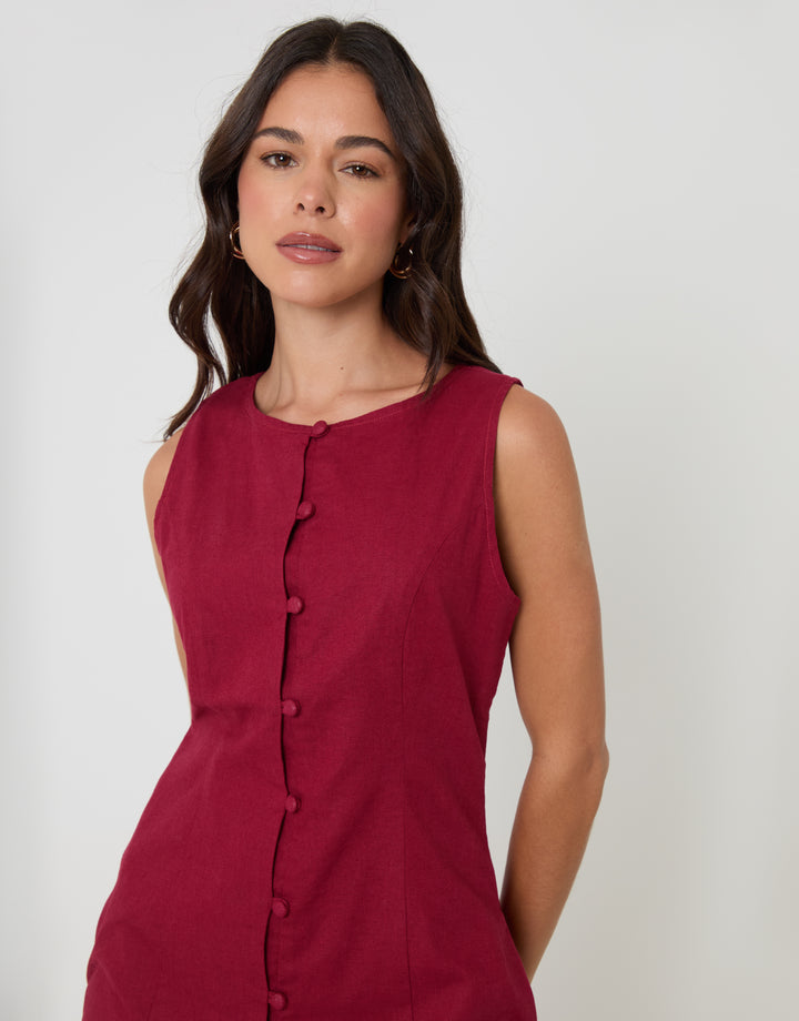 Threadbare Linen Blend Pinafore Dress in Red - front view close up