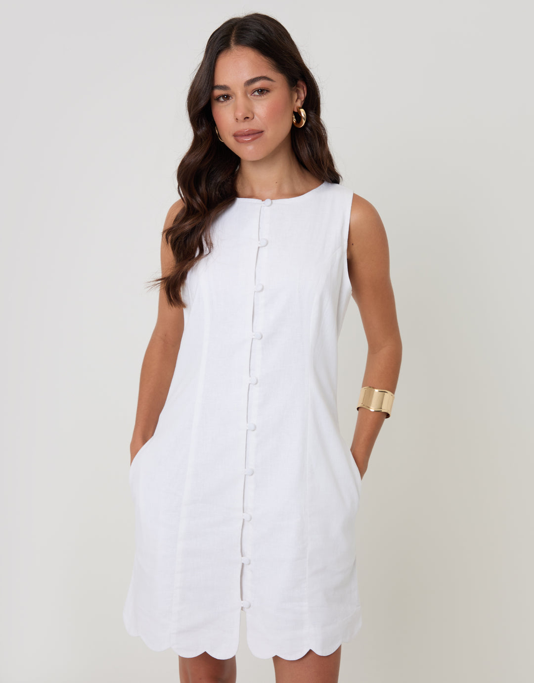 Threadbare Linen Blend Pinafore Dress in White  - front view