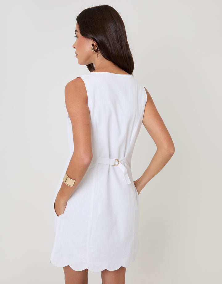 Threadbare Linen Blend Pinafore Dress in White  - back view