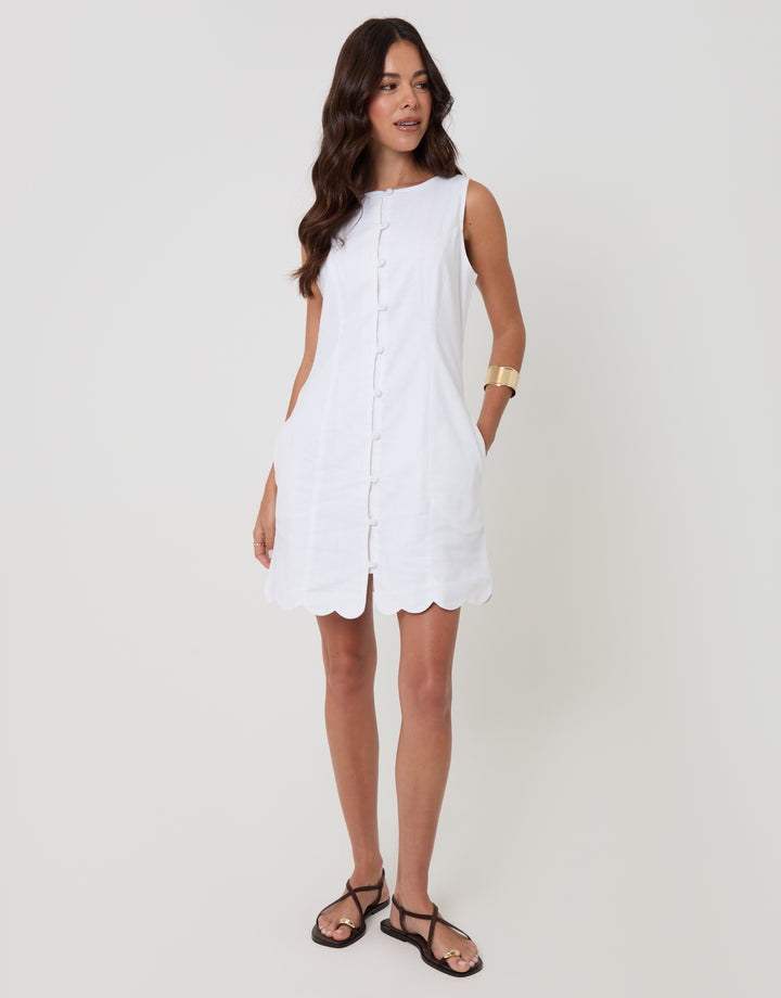 Threadbare Linen Blend Pinafore Dress in White  - full body