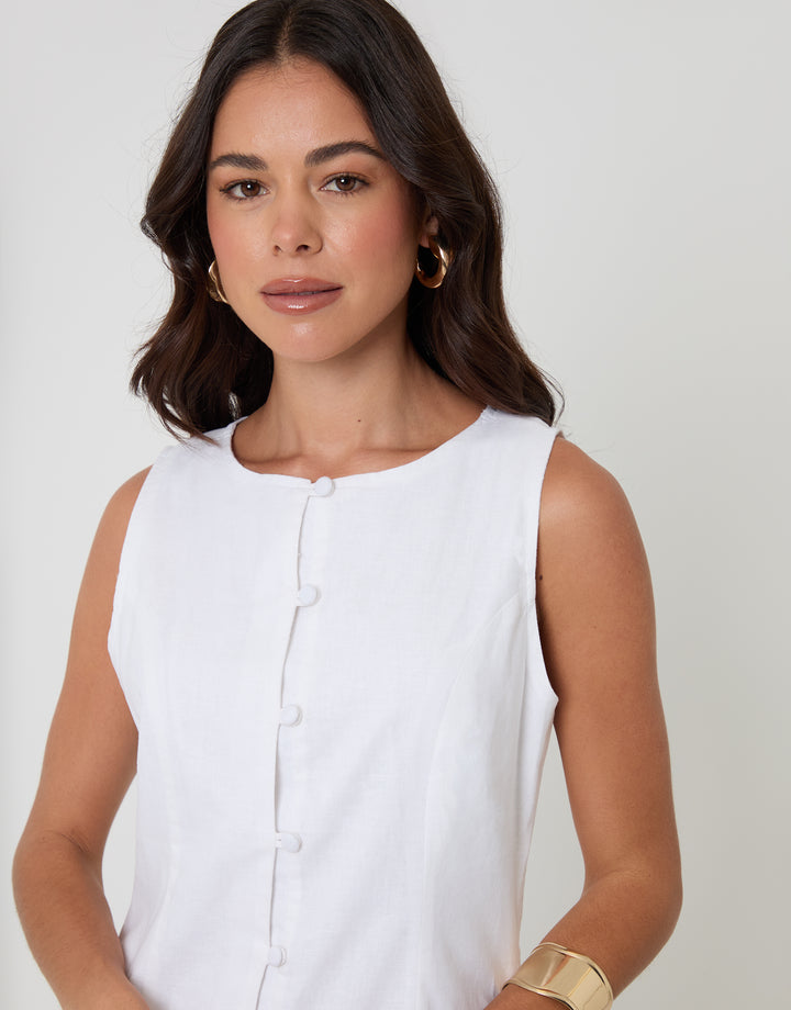 Threadbare Linen Blend Pinafore Dress in White  - neckline close up