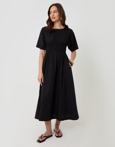 Threadbare Elasticated Waist Cotton Poplin Midi Dress in Black - full body 
