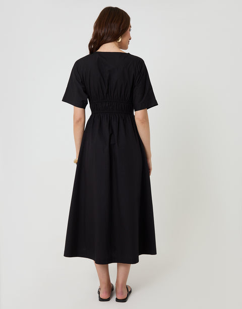 Threadbare Elasticated Waist Cotton Poplin Midi Dress in Black - back view